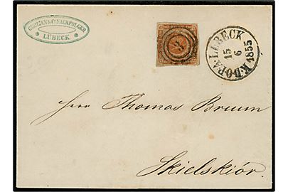 4 sk. 1854 udg. på brev annulleret med nr.stempel 3 og sidestemplet antiqua K.D.O.P.A. Lübeck d. 15.6.1855 til Skælskør. 