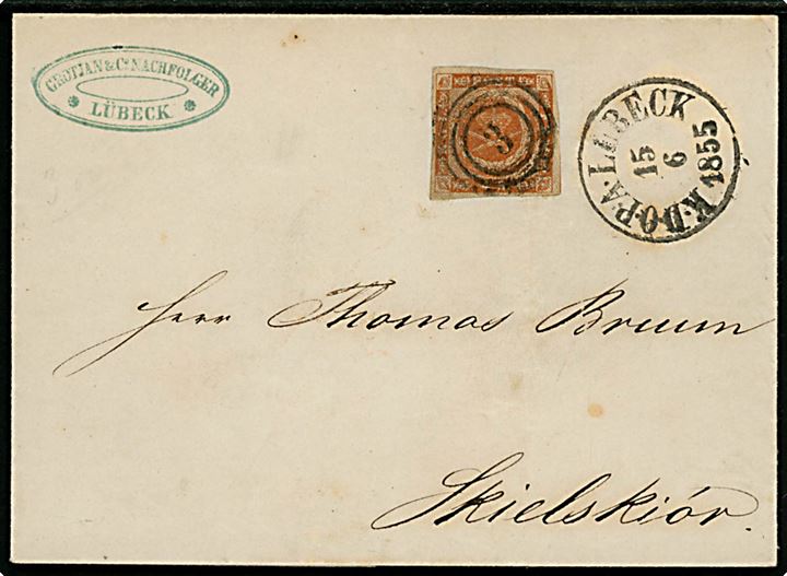 4 sk. 1854 udg. på brev annulleret med nr.stempel 3 og sidestemplet antiqua K.D.O.P.A. Lübeck d. 15.6.1855 til Skælskør. 