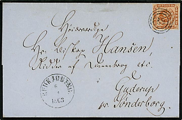 4 sk. 1858 udg. på brev annulleret med nr.stempel 59 og sidestemplet antiqua Rudkjøbing d. 6.12.1863 via Aabenraa d. 8.1.1863 til Biskop Hansen, Ridder af Dannebrog i Guderup pr. Sønderborg.