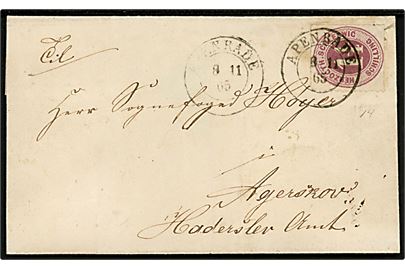 Herzogth. Schleswig 1 1/4 dch. stukken kant single på brev annulleret med 2-ringsstempel Apenrade d. 8.11.1865 til Agerskov pr. Haderslev. På bagsiden ank.stemplet Hadersleben d. 8.11.1865.