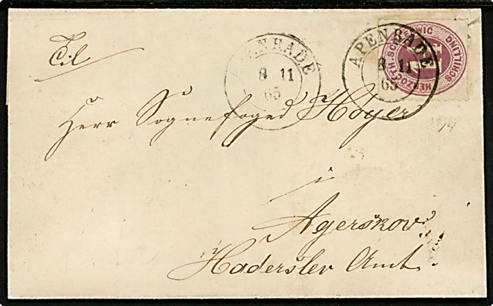 Herzogth. Schleswig 1 1/4 dch. stukken kant single på brev annulleret med 2-ringsstempel Apenrade d. 8.11.1865 til Agerskov pr. Haderslev. På bagsiden ank.stemplet Hadersleben d. 8.11.1865.