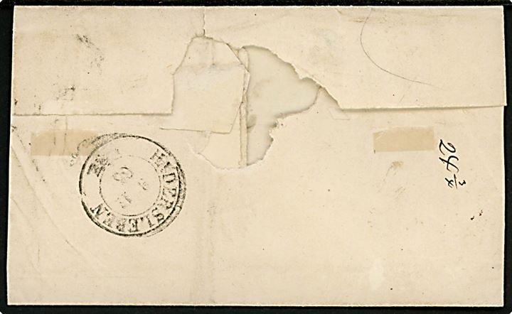 Herzogth. Schleswig 1 1/4 dch. stukken kant single på brev annulleret med 2-ringsstempel Apenrade d. 8.11.1865 til Agerskov pr. Haderslev. På bagsiden ank.stemplet Hadersleben d. 8.11.1865.