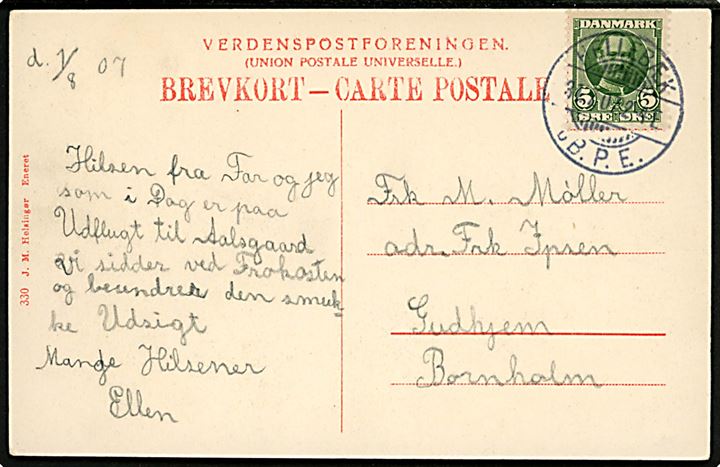 5 øre Fr. VIII på brevkort (Badeanstalt ved Aalsgaard Badehotel, Hellebæk) annulleret med sjældent brotype Ia Hellebæk JB.P.E. d. 31.7.1907 til Gudhjem på Bornholm. Stempel kun benyttet fra 15.8.1906-11.12.1907.