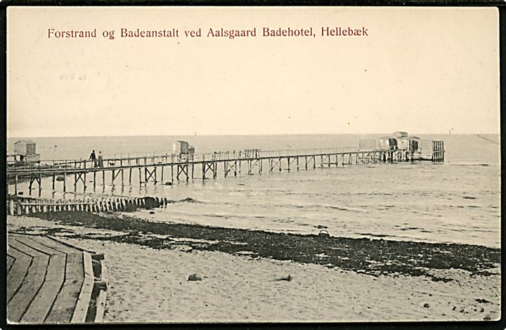 5 øre Fr. VIII på brevkort (Badeanstalt ved Aalsgaard Badehotel, Hellebæk) annulleret med sjældent brotype Ia Hellebæk JB.P.E. d. 31.7.1907 til Gudhjem på Bornholm. Stempel kun benyttet fra 15.8.1906-11.12.1907.