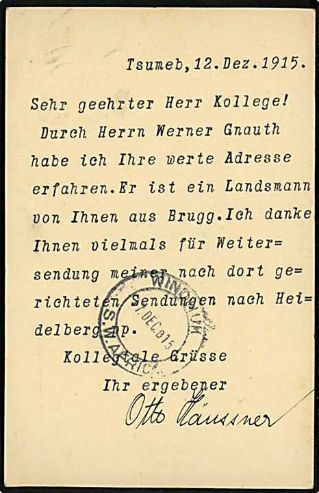 Sydafrika 1d George V på brevkort fra besat tysk Sydvestafrika stemplet Tsumb S. W. Africa d. 13.12.1915 til Baden, Schweiz. Passér stemplet ved den sydafrikanske censur: Passed Censor C. 6.