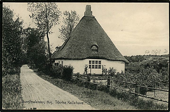 5 øre Fr. VIII på brevkort (Kunstmalerens Hus, Tibirke Kallehave) annulleret med stjernestempel TIDSVILDELEJE og sidestemplet Helsinge d. 3.6.1911 til København.