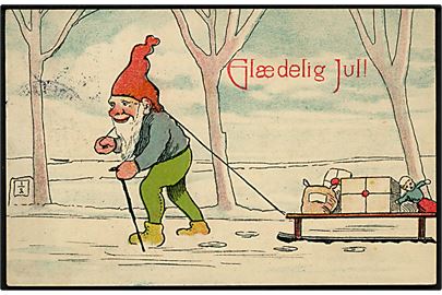 Nisse med kælk læsset med pakker. Ukendt tegner. U/no. Med julemærke 1910.