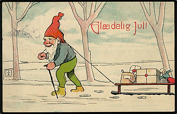 Nisse med kælk læsset med pakker. Ukendt tegner. U/no. Med julemærke 1910.