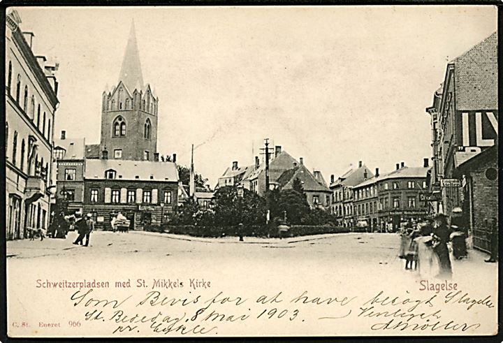 Slagelse. Schweitzerpladsen med St. Mikkels Kirke. Stenders no. 966.