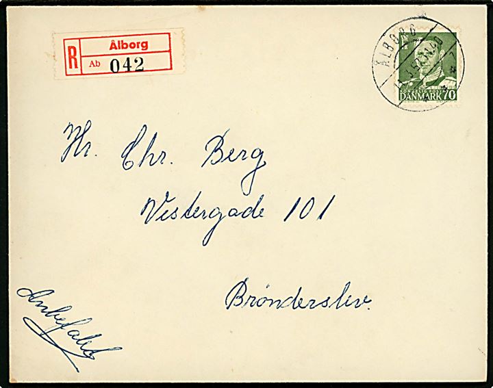 70 øre Fr. IX single på anbefalet brev fra Ålborg d. 11.3.1957 til Brønderslev.