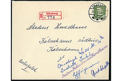 70 øre Fr. IX single på anbefalet brev fra Silkeborg d. 29.7.1955 til Københavns Rådhus. På forsiden påskrevet: Modtaget 30/7 55 kl. 10.30. Indhold: Intet med to vidners underskrifter og stempel Staden Københavns Hovedkasse. Så skulle der ikke være nogen tvivl om at kuverten var tom ved modtagelse. 