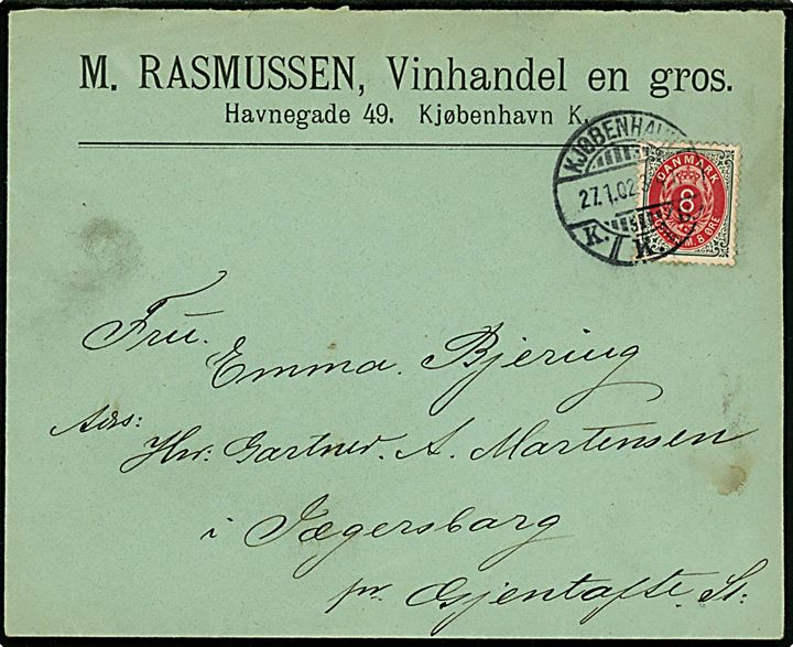 8 øre Tofarvet omv. rm. på brev fra Kjøbenhavn d. 27.1.1902 til Jægersborg pr. Gjentofte St.