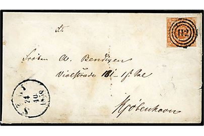 4 sk. 1858 udg. på brev annulleret med nr.stempel 112 og sidestemplet antiqua Sæby d. 24.10.1858 til Kjøbenhavn.