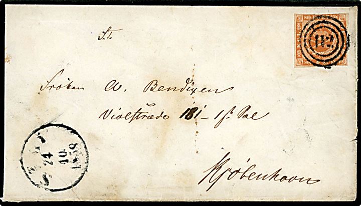 4 sk. 1858 udg. på brev annulleret med nr.stempel 112 og sidestemplet antiqua Sæby d. 24.10.1858 til Kjøbenhavn.