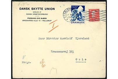 20 øre Chr. X og Julemærke 1943 på brev fra Dansk Skytte Union stemplet Charlottenlund d. 17.12.1943 til Oslo, Norge. Åbnet af dansk censur.