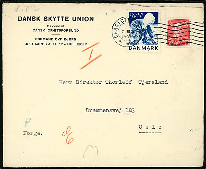 20 øre Chr. X og Julemærke 1943 på brev fra Dansk Skytte Union stemplet Charlottenlund d. 17.12.1943 til Oslo, Norge. Åbnet af dansk censur.