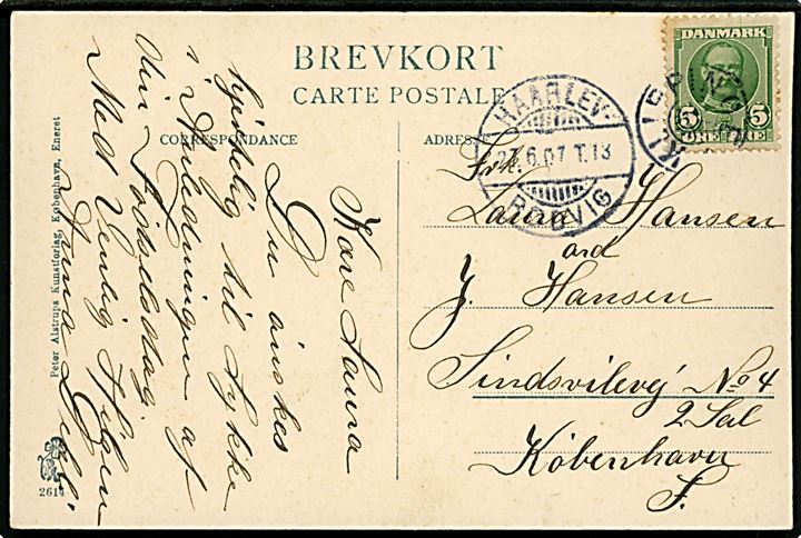 5 øre Fr. VIII på brevkort annulleret med stjernestempel KLIPPINGE og sidestemplet bureau Haarlev - Rødvig T.13 d. 27.6.1907 til København.