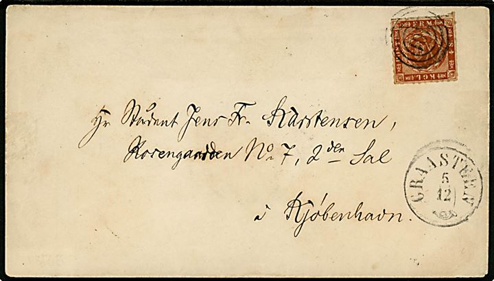 4 sk. Stukken kant på landpostbrev fra Broager med # under mærke annulleret med nr.stempel 101 og sidestemplet antiqua Graasten d. 5.12.1863 til Kjøbenhavn. På bagsiden sort sørge-laksegl (pga. Fr. VIII's død) fra Broager. Brevsamlingssted oprettet i Broager pr. 1.7.1857. Skade på bagklap.