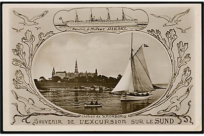 Kjøbenhavn XVI Internationale Pressekongres 1914. Tegnet kort (ukendt tegner) fra kongressen med motiv fra Kronborg, Helsingør.