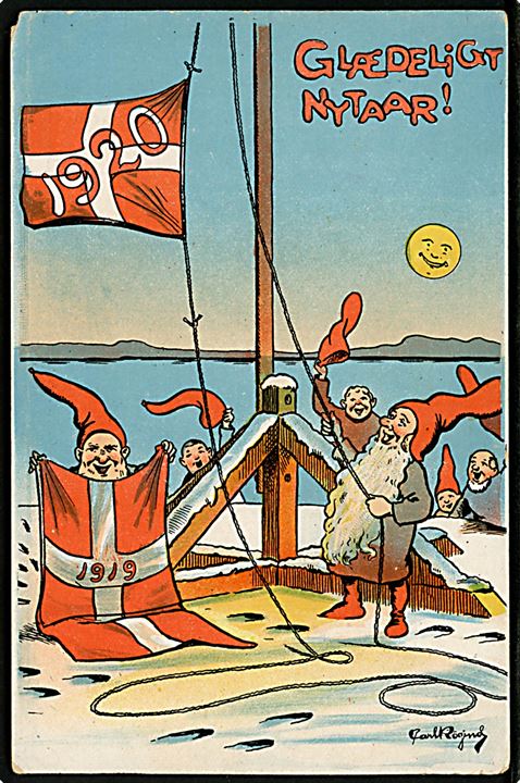 Carl Røgind: Nytårskort med nisser og dannebrogsflag. A. Vincent serie 544/1.