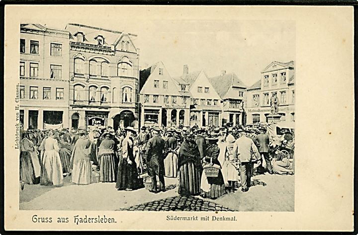 Haderslev, Gruss aus Südermarkt mit Denkmal. H. Clausen u/no.