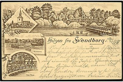 Svendborg, Hilsen fra med Christiansminde. U/no. Tiltryk på 10 øre Våben helsagsbrevkort sendt fra Svendborg d. 13.7.1896 til England.