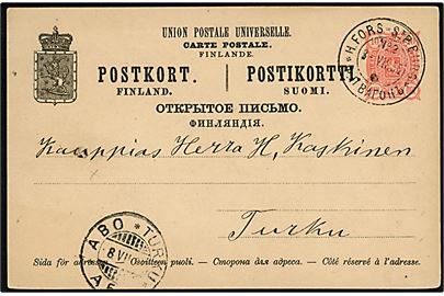 10 pen. Våben helsagsbrevkort fra Lathi annulleret med 2-sproget bureaustempel H.Fors - St.P.Burg No. 2 d. 8.7.1895 til Turku. Nålehul.