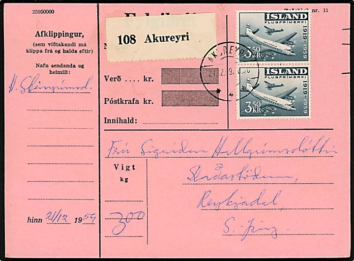 3,50 kr. Luftfarts jubilæum i parstykke på adressekort for pakke fra Akureyri d. 21.12.1959 til Reykjadal.