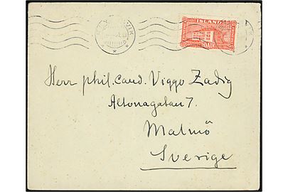 20 aur Landskab single på brev med langt indhold fra Islands biskop Jon Helgason i Reykjavik d. 9.4.1931 til Malmö, Sverige.