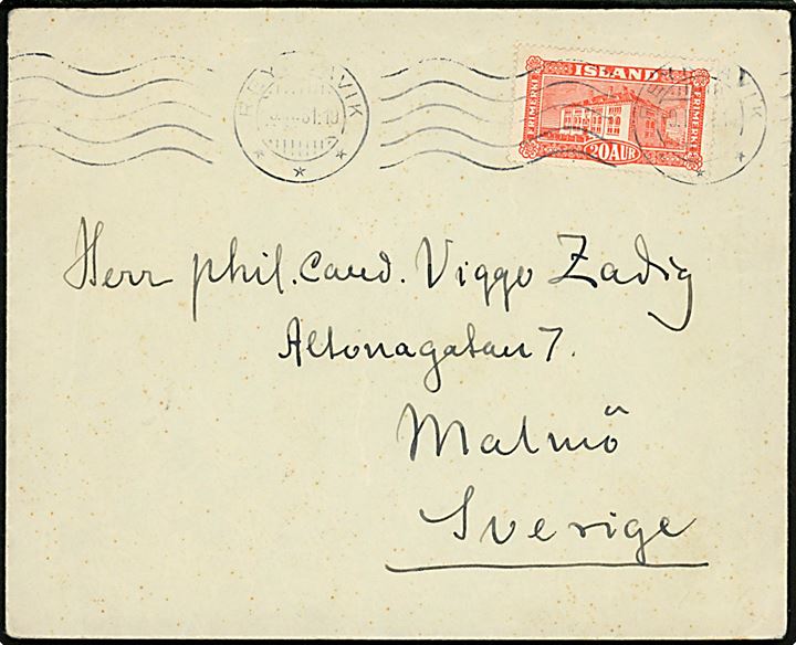 20 aur Landskab single på brev med langt indhold fra Islands biskop Jon Helgason i Reykjavik d. 9.4.1931 til Malmö, Sverige.