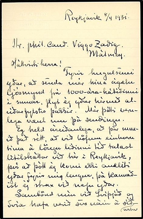 20 aur Landskab single på brev med langt indhold fra Islands biskop Jon Helgason i Reykjavik d. 9.4.1931 til Malmö, Sverige.