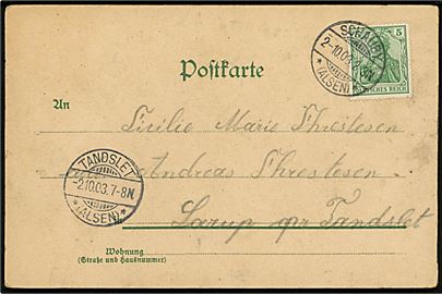 5 pfg. Germania på brevkort annulleret Schauby *(Alsen)* d. 2.10.1903 til Lærup pr. Tandslet. Ank.stemplet Tandslet *(Alsen)*.