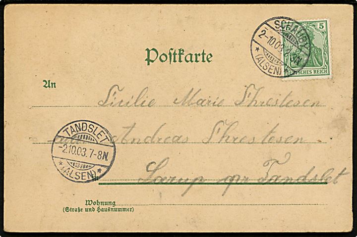 5 pfg. Germania på brevkort annulleret Schauby *(Alsen)* d. 2.10.1903 til Lærup pr. Tandslet. Ank.stemplet Tandslet *(Alsen)*.