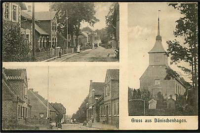 Slesvig, Gruss aus Dänischenhagen med kirke og gadepartier. Frankeret med 5 pfg. Germania stemplet Dänischenhagen d. 30.6.1908.