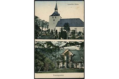 Lysabild kirke og præstegaard. J.J.N. no. 11686. Frankeret med 15 øre Chr. X annulleret brotype IIb Tandslet d. 29.10.1921 til Dybbøl pr. Sønderborg. Transit stemplet brotype IIb Ragebøl d. 31.10.1921.