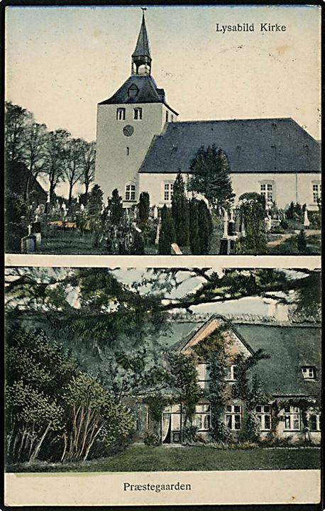 Lysabild kirke og præstegaard. J.J.N. no. 11686. Frankeret med 15 øre Chr. X annulleret brotype IIb Tandslet d. 29.10.1921 til Dybbøl pr. Sønderborg. Transit stemplet brotype IIb Ragebøl d. 31.10.1921.