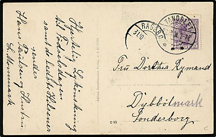 Lysabild kirke og præstegaard. J.J.N. no. 11686. Frankeret med 15 øre Chr. X annulleret brotype IIb Tandslet d. 29.10.1921 til Dybbøl pr. Sønderborg. Transit stemplet brotype IIb Ragebøl d. 31.10.1921.