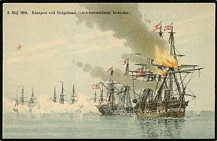 Krigen 1864. Kampen ved Helgoland. d. 9.5.1864, Schwarzenberg brænder. A. Jacobsen Minde-Kort u/no.