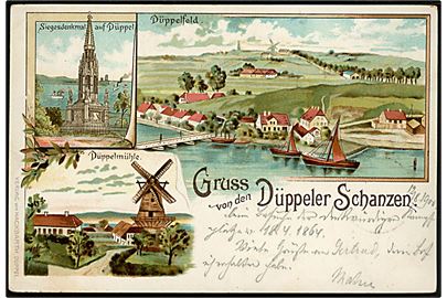 Dybbøl, Gruss von den Düppeler Schanzen. Hackbarth u/no. Frankeret med 5 pfg. Germania stemplet Sonderburg d. 12.8.1900 og sidestemplet Posthülfstelle Düppelberg 12.8.00 til Friedenshütte.