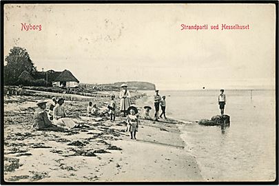 Nyborg, Strandparti ved Hesselhuset. Warburg no. 3714. Frankeret med 10 øre Fr. VIII fra Nyborg d. 23.11.1908 til sømand ombord på 3-mastet skonnert Frem via danske konsulat i Sunderland, England - eftersendt til Frederikssund, Danmark.