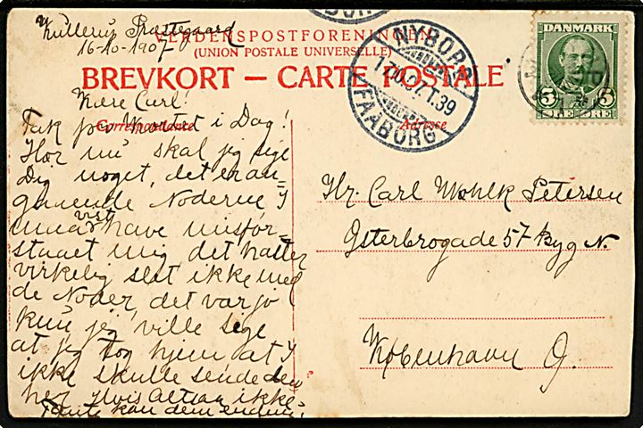 Nyborg, udsigt fra villakvarteret. U/no. Frankeret med 5 øre Fr. VIII annulleret med stjernestempel LAMDRUP og sidestemplet bureau Nyborg - Faaborg T.39 d. 17.10.1907 til København.