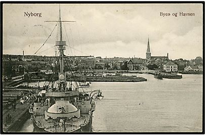 Nyborg, havnen med stort orlogsskib. W. & M. no. 751.