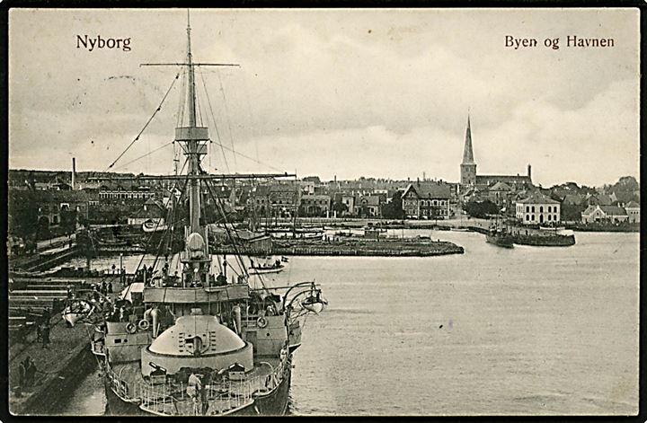 Nyborg, havnen med stort orlogsskib. W. & M. no. 751.