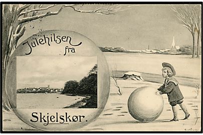 Carl Røgind: Julehilsen fra Skjælskør med prospekt og snebold. Ibsen no. 29779.