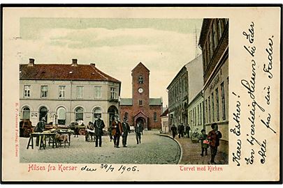 Korsør, Hilsen fra med torvet og i baggrunden kirke. H. P. Jensen u/no.