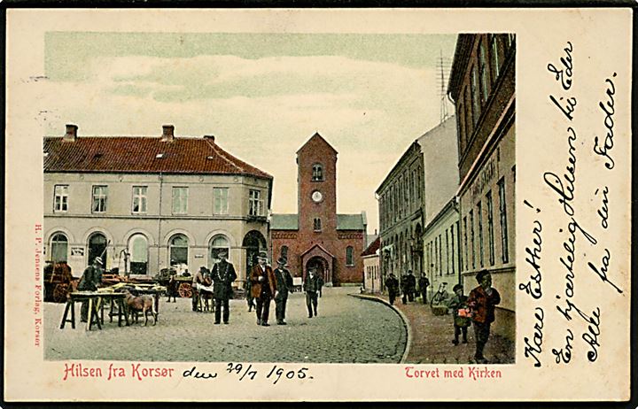 Korsør, Hilsen fra med torvet og i baggrunden kirke. H. P. Jensen u/no.