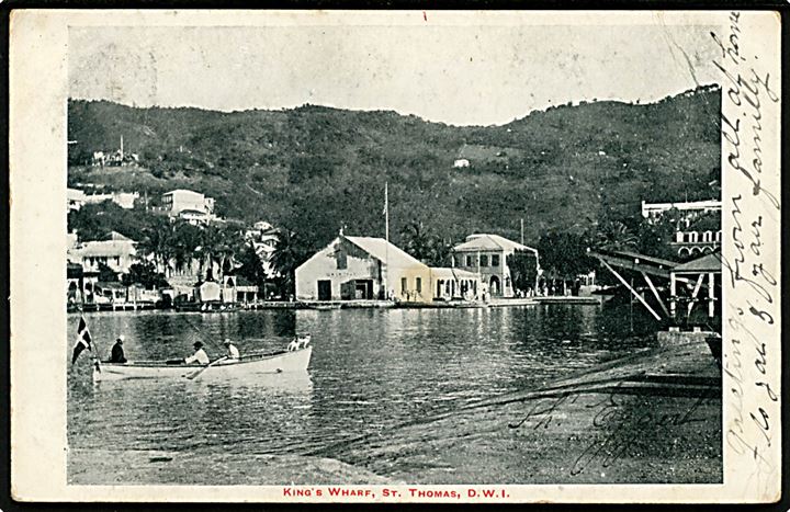 D.V.I., St. Thomas, King's Wharf. Frankeret med 10 bit Fr. VIII fra St. Thomas d. 8.10.1908 til kaptajn ombord på S/S Skinfaxe i København, Danmark.