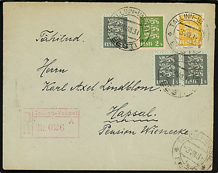 1 s. (3), 2 s. og 15 s. Løver på 20 s. frankeret anbefalet brev fra Tallinn-Vaksal d. 3.8.1931 til Hapsal.