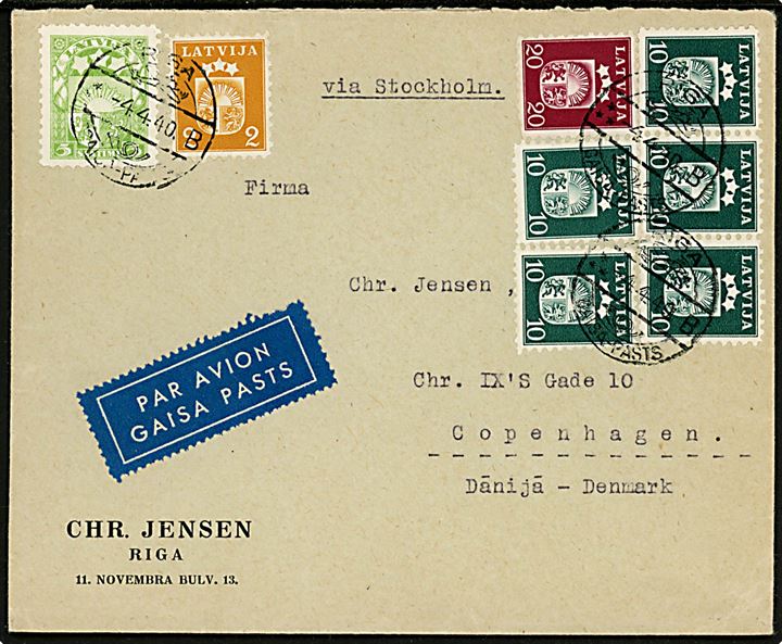 2 s., 5 s. 10 s. (5) og 20 s. Våben udg. på luftpostbrev påskrevet via Stockholm fra Riga d. 4.4.1940 til København, Danmark. 