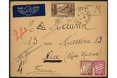 Algeriet 1 fr. på luftpost feltpostbrev mærket F.M. sendt underfrankeret fra Hussein-Dey Alger d. 5.7.1941 til Nice, Frankrig. Udtakseret i porto med 1 c. og 3 c. Portomærke stemplet i Nice.